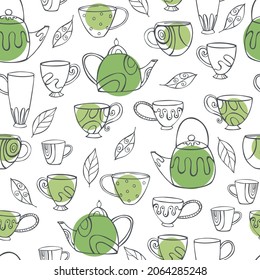 Hand-drawn teapots and cups on white background.  Vector  seamless pattern. 