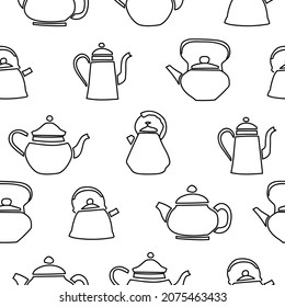 Hand-drawn teapots doodle  pattern. Line art repeated background. vector. 