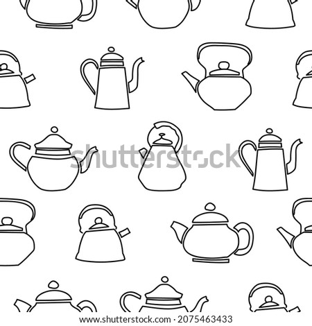 Hand-drawn teapots doodle  pattern. Line art repeated background. vector. 