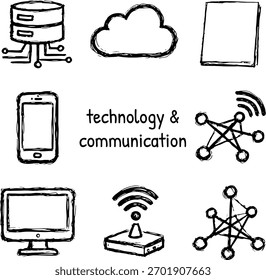 Conjunto de ícones de tecnologia e comunicação desenhados à mão