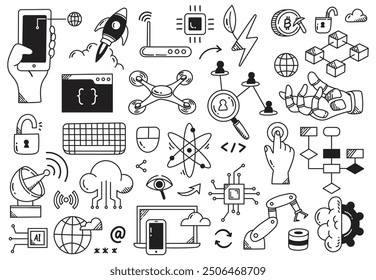 Tecnología dibujada a mano e innovación Doodle Icon Set | Ilustraciones vectoriales de robótica, IA, blockchain y conceptos digitales