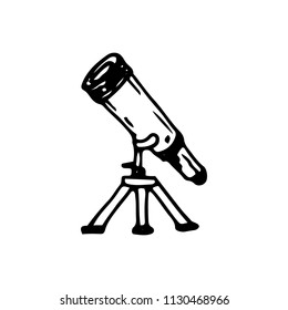 Handdrawn telescope doodle icon. Hand drawn black sketch. Sign cartoon symbol. Decoration element. White background. Isolated. Flat design. Vector illustration.