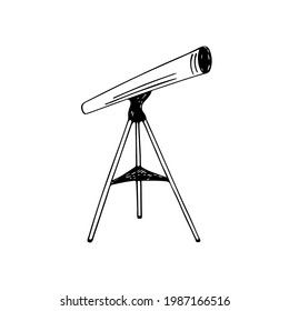 Telescopio dibujado a mano para estudiar los movimientos de planetas y estrellas a través del cielo. Estilo Doodle, sencillo diseño minimalista. Esbozo cósmico fantástico, arte de línea.Isolated.Vector ilustración