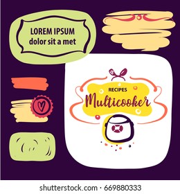 Hand-drawn template concept image for homemade recipe in multicooker. Sketch logo for illustrate menu, banner, poster, menu with main dish, soup, dessert. 