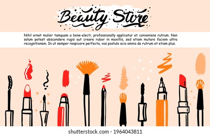Una plantilla dibujada a mano con elementos de cosméticos de maquillaje, rímel, labios y un cepillo de piel. Estilo de dibujo de Doodle. Ilustración para maquillaje, salón de belleza, banner de la tienda de cosméticos, marco, diseño de afiches.