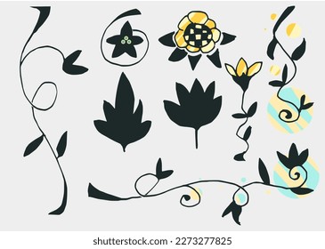 Hand-drawn Template Illustration of Flower, Leaf and Plant Vines