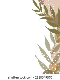 A hand-drawn template for a poster, banner, greeting card, invitation frame with abstract figures and leaves in earthy colors. Vector greeting cards template.