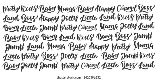 Hand-drawn template vector kids logo for shop, store, market with children dress. Lettering and calligraphy for poster, postcard, banner, window. Print on cup, bag, shirt, package, balloon

