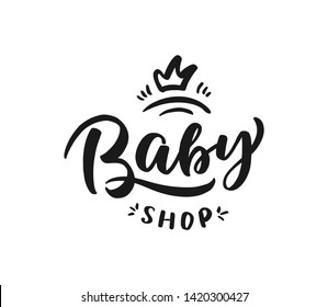 Hand-drawn template vector logo "Baby" for shop, store, market with children dress. Lettering and calligraphy for poster, postcard, banner, window. Print on cup, bag, shirt, package, balloon

