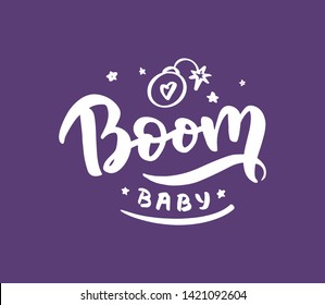 Hand-drawn template vector logo "Boom" for shop, store, market with children dress. Lettering and calligraphy for poster, postcard, banner, window. Print on cup, bag, shirt, package, balloon

