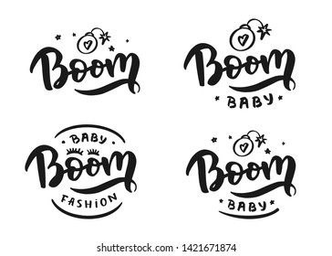 Hand-drawn template vector logo "Boom" for shop, store, market with children dress. Brush lettering and calligraphy for poster, postcard, banner. Print on cup, bag, shirt, package, balloon

