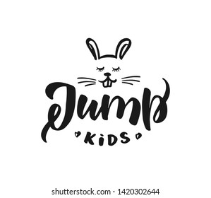 Hand-drawn template vector logo "Jump" for shop, store, market with children dress. Lettering and calligraphy for poster, postcard, banner, window. Print on cup, bag, shirt, package, balloon

