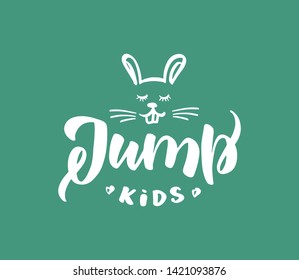 Hand-drawn template vector logo "Jump" for shop, store, market with children dress. Lettering and calligraphy for poster, postcard, banner, window. Print on cup, bag, shirt, package, balloon

