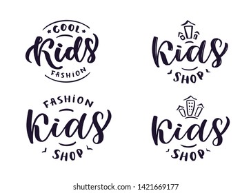 Hand-drawn template vector logo kids for shop, store, market with children dress. Lettering and calligraphy for poster, postcard, banner, window. Print on cup, bag, shirt, package, balloon

