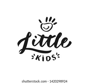 Hand-drawn template vector logo "Little" for shop, store, market with children dress. Lettering and calligraphy for poster, postcard, banner, window. Print on cup, bag, shirt, package, balloon

