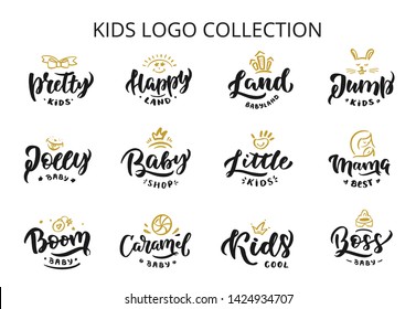 Hand-drawn template vector logo set for shop, store, market with children dress. Lettering and calligraphy for poster, postcard, banner, window. Print on cup, bag, shirt, package, balloon

