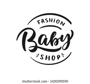 Hand-drawn template vector logo "" for shop, store, market with children dress. Lettering and calligraphy for poster, postcard, banner, window. Print on cup, bag, shirt, package, balloon

