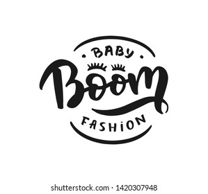 Hand-drawn template vector logo "" for shop, store, market with children dress. Lettering and calligraphy for poster, postcard, banner, window. Print on cup, bag, shirt, package, balloon

