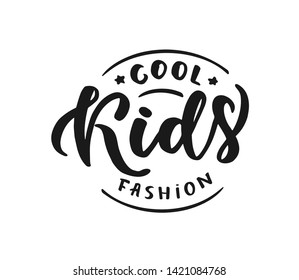 Hand-drawn template vector logo stamp"Kids shop" for store, market with children dress. Lettering and calligraphy for poster, postcard, banner, window. Print on cup, bag, shirt, package, balloon

