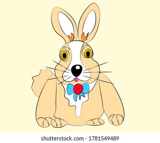 Hand-drawn tender plush rabbit with a bow on the neck on a beige background. Abstract picture for packaging and textile design.