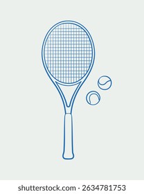Hand-drawn tennis racket and balls. Line art, ink, minimalist style. Vector illustration. Sport collection.