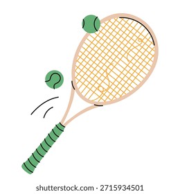 Raqueta de tenis dibujada a mano con una cuerda rota y bolas verdes. Ideal para gráficos deportivos, proyectos creativos y diseños. Icono colorido de la raqueta. Ilustración vectorial aislada sobre fondo blanco. EPS 10	
