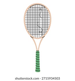 Raqueta de tenis dibujada a mano con una cuerda rota. Ideal para gráficos deportivos, proyectos creativos y diseños. Icono colorido de la raqueta. Ilustración vectorial aislada sobre fondo blanco. EPS 10	