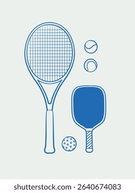 Hand-drawn tennis racket and Pickleball Paddle and balls. Line art, ink, minimalist style. Vector illustration. Sport collection.