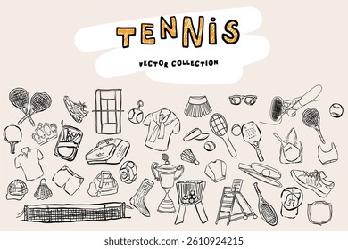 Hand-drawn tennis themed sketch collection featuring rackets, balls, nets, shoes, headbands, wristbands, bags, and clothing. Perfect for sports projects.