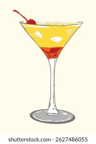 Coquetel Tequila Sunrise desenhado à mão servido em um copo de martini com gelo e enfeite de cereja. Perfeito para menus de bar, convites para festas, blogs de bebidas e designs com temas de verão.