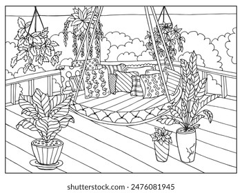 Hand-drawn terrace with hanging sofa and indoor plants. Illustration for coloring book, sketch, vector