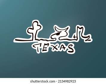 Hand-drawn Texas logo. Black and white sketch cactus, skull, and boots. Label for the outdoor sticker. Funny emblem for the state.