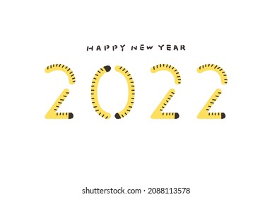 Hand-drawn text "HAPPY NEW YEAR" and 2022 shaped tail of Tabby Cat or Tiger stripes vector illustration on white background. Chinese or Japanese zodiac Year of the Tiger concept.