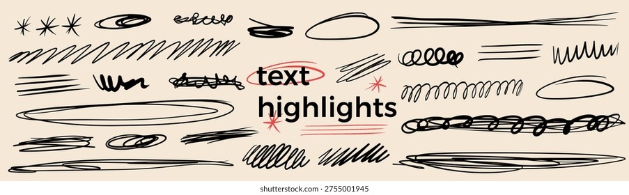 Hand-drawn text highlights and emphasis. Pen abstract decorative doodles. Scribbles, naive expressive scratches set. Naive kids lines, circles, chaotic underlines scrawl. Vector pencil brush scratch.