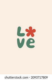Hand-drawn text "Love" with a heart-shaped letter in the shape of a flower in the form of a vertical postcard