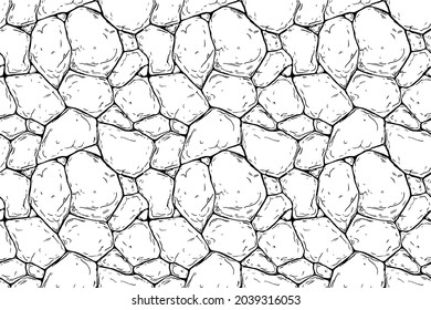 Hand-drawn Texture Of Brick Wall Or Sett. Castle Stone Seamless Pattern Of Paver. Urban Style Structured Ornament In Line Art Style. Pattern Design For Travel, City Life, Adventure, Outdoors.	
