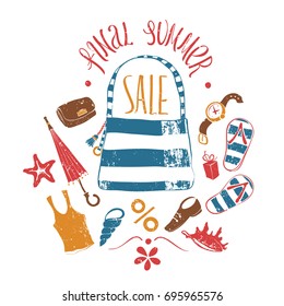 Hand-drawn Textured Illustration with Composition of the Shopping Bag, Clothes and Accessories