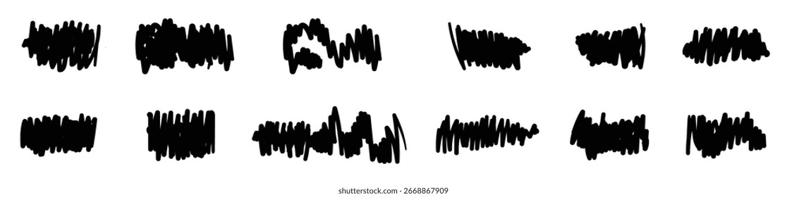 Trazos texturizados dibujados a mano, subrayados, garabatos con carbón o tiza, rayas creativas y trazos de diferentes Formas. Garabatos de carbón, pinceladas, garabatos de crayón de cera. Ilustración vectorial.