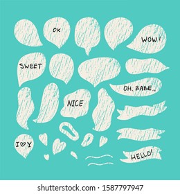 Hand-drawn textured vector set of loose, relax speech or thought bubbles in doodle style with extra elements. Isolated elements on white background with editable outline and fill. 