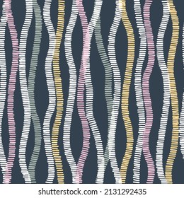 Hand-drawn textured vertical lines and stripes vector seamless pattern on black background.