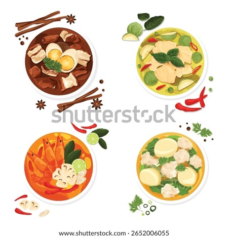 Hand-drawn Thai curry vector illustration featuring traditional dishes like Tom Yum, Green Curry, Moo Palo, and Clear Soup. Perfect for food menus.
