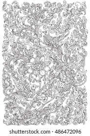 Hand-drawn Thai floral pattern with birds. Ornament in black and white. Adult coloring book page, textile and tattoo design. Vector background illustration. Zendoodle.