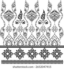 A hand-drawn Thai  pattern in black and white line art style. This seamless ornamental vector is ideal for designers 