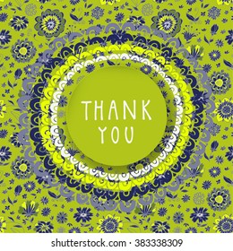 Hand-drawn thank you card on seamless floral background in vector