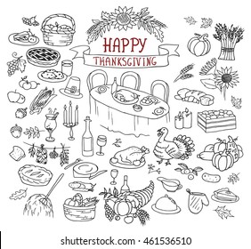 Hand-drawn Thanksgiving Day doodles collection. Line art illustrations with food, harvest, pie, turkey etc. Set of different holiday icons