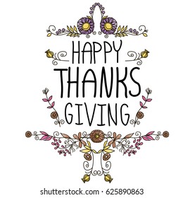 Handdrawn thanksgiving label with leaves and text on white background. Happy Thanksgiving.