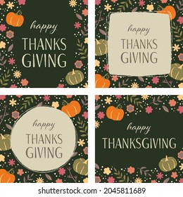 Hand-Drawn Thanksgiving Retro Square Greeting Card Set, Great for Wallpapers, Backgrounds, Invitations