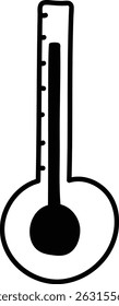 A hand-drawn thermometer shows high temperature with a thick black line indicating heat.  This sketched gauge depicts a reading of elevated warmth on a marked scale. Cartoon vector illustration