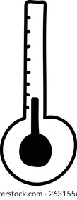 Un termómetro dibujado a mano muestra una lectura de baja temperatura con un contorno audaz.  Un indicador esbozado muestra una lectura gélida en su escala marcada, indicando las condiciones de frío. Ilustración vectorial de dibujos animados