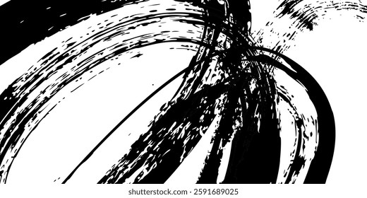 Hand-drawn, thick brush strokes with rough grunge texture, abstract and expressive. Banner of bold, curved distressed smears. Vector punk background with irregular painted lines.